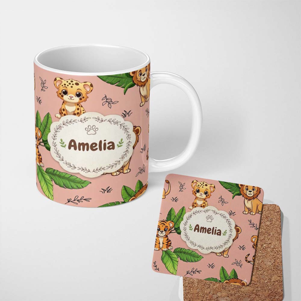Personalized Custom Name Cute Jungle Animals Lion Tiger Leopard Tropical Leaves Seamless 11oz Ceramic Coffee Tea Mug White Large Handle