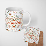 Personalized Custom Name Minimal Christmas Candy Cane Holly Leaves Seamless Pattern Lovely 11oz Ceramic Coffee Tea Mug White Large Handle