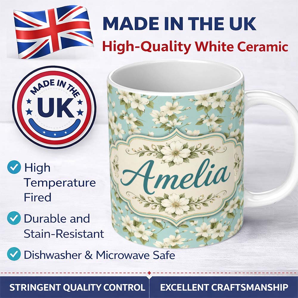 Personalized Custom Name Light Blue Background Delicate White Flower Branch Pattern Botanical 11oz Ceramic Coffee Tea Mug White Large Handle