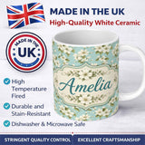 Personalized Custom Name Light Blue Background Delicate White Flower Branch Pattern Botanical 11oz Ceramic Coffee Tea Mug White Large Handle