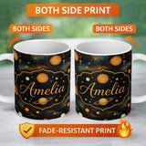 Personalized Custom Name Dark Golden Planets Galaxy Space Seamless Pattern Elegant Cosmic 11oz Ceramic Coffee Tea Mug White Large Handle
