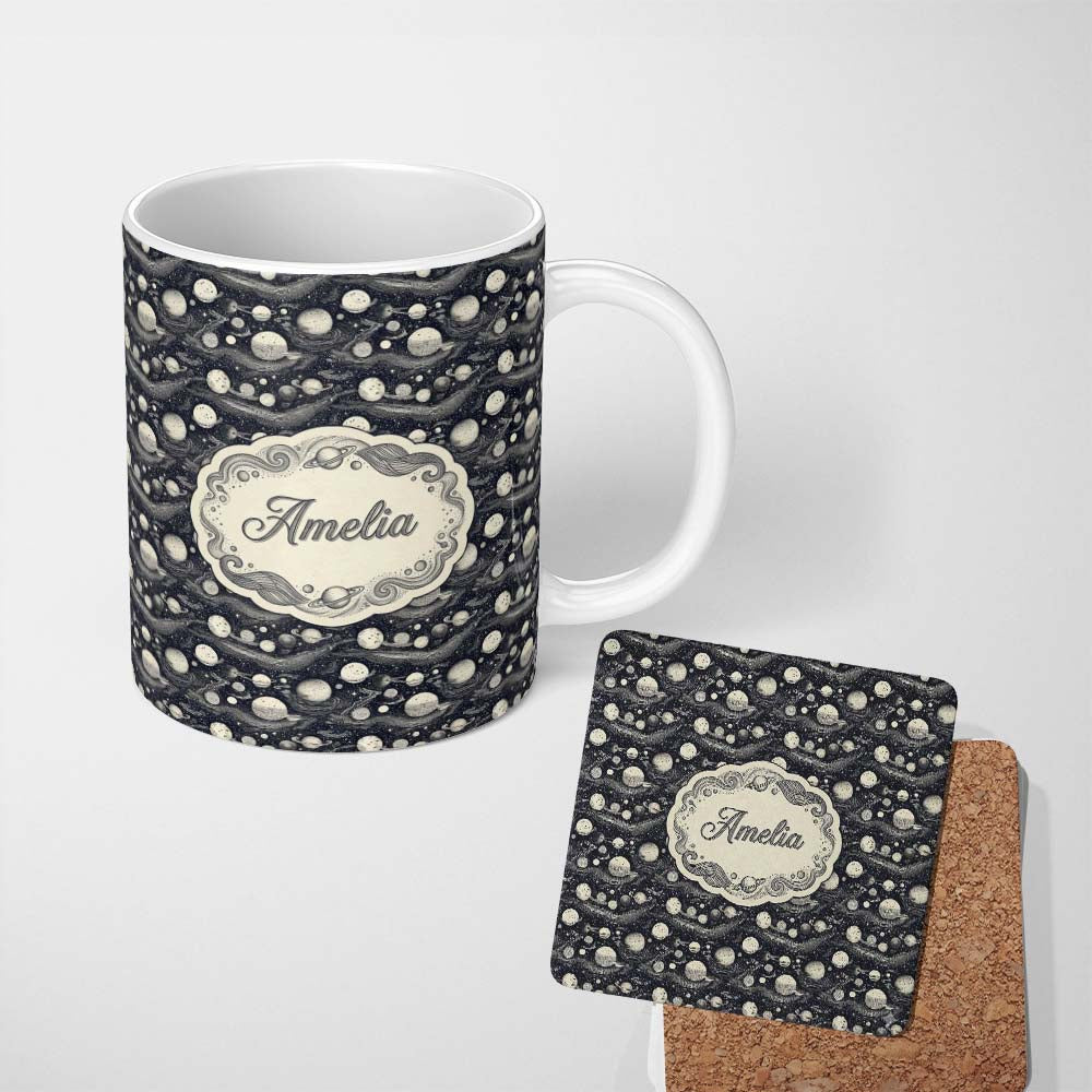 Personalized Custom Name Vintage Space Planets Stars Dark Background Seamless Pattern Lovely 11oz Ceramic Coffee Tea Mug White Large Handle