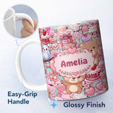Personalized Custom Name Cute Teddy Bear Cupid Cakes Hearts Flowers Valentine Kawaii Teal 11oz Ceramic Coffee Tea Mug White Large Handle