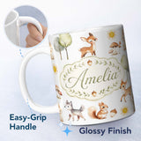 Personalized Custom Name Cute Woodland Forest Animals Bear Bunny Deer Seamless on Blue Lovely 11oz Ceramic Coffee Tea Mug White Large Handle