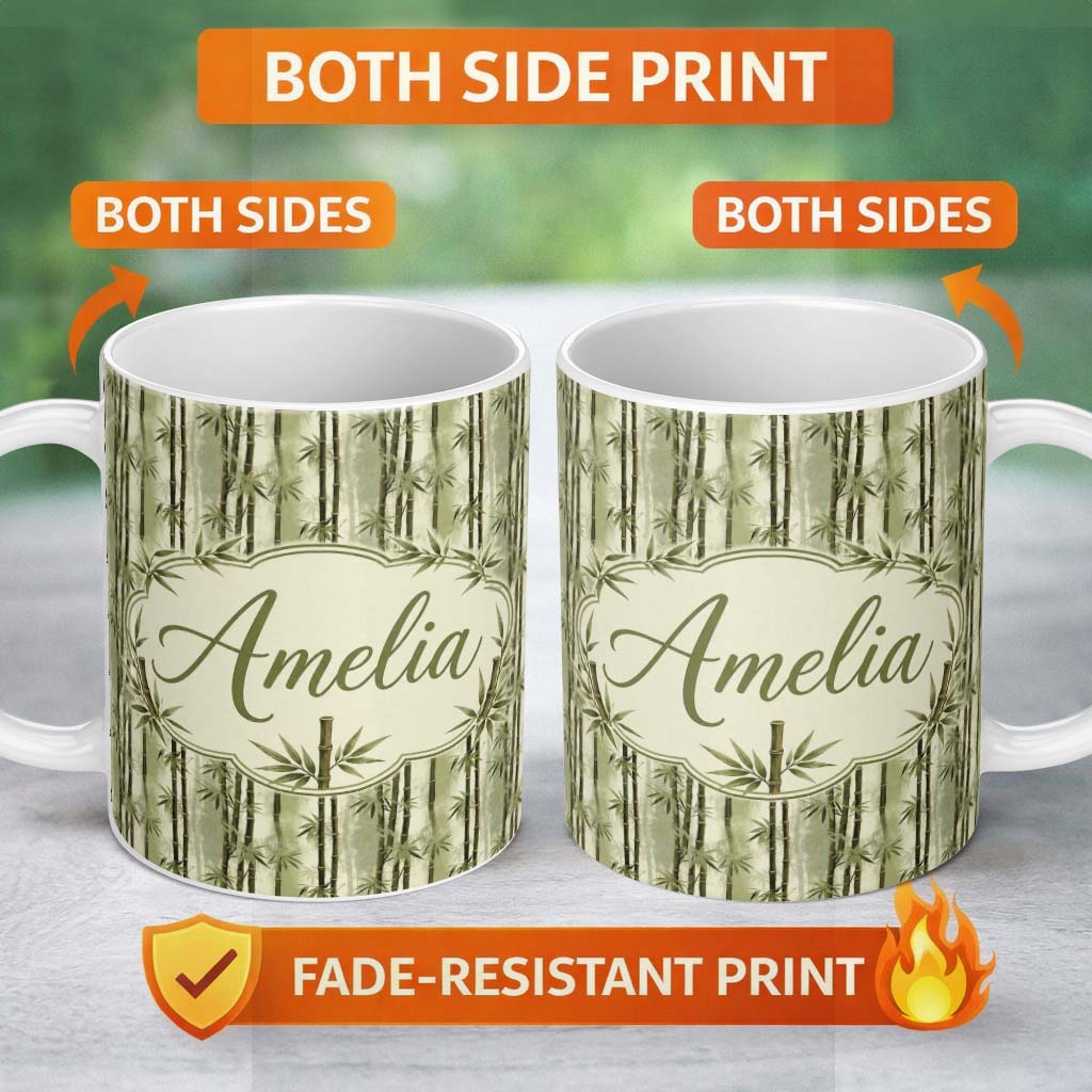 Personalized Custom Name Muted Green Bamboo with Layered Forest Depth Seamless Pattern Lovely 11oz Ceramic Coffee Tea Mug White Large Handle
