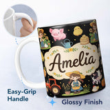 Personalized Custom Name Cute Farm Animals Girl Pig Cow Chicken Black Background Seamless 11oz Ceramic Coffee Tea Mug White Large Handle