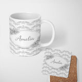 Personalized Custom Name Grey Ornamental Geometric Lace Pattern Elegant Seamless Design 11oz Ceramic Coffee Tea Mug White Large Handle