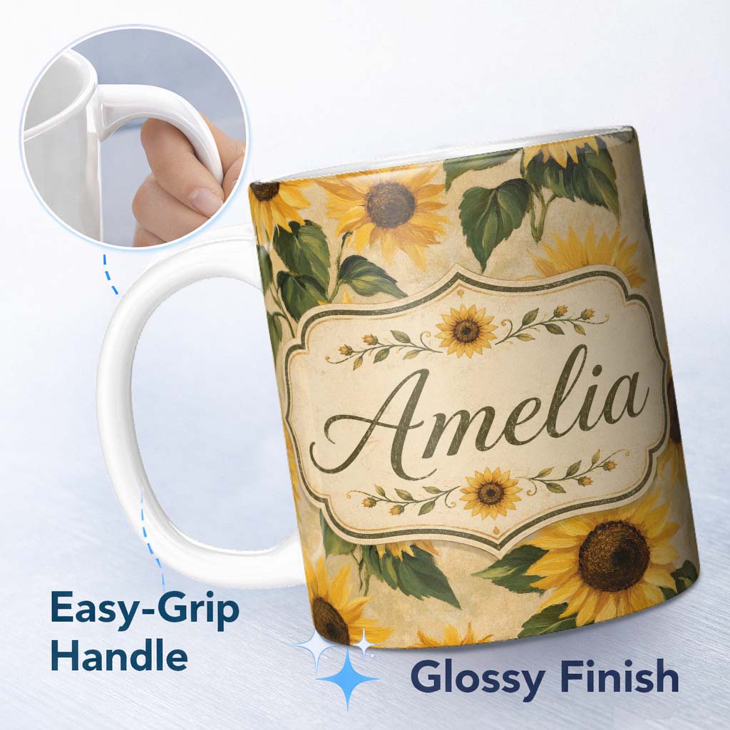 Personalized Custom Name Classic Sunflower Botanical on Soft Neutral Background Seamless 11oz Ceramic Coffee Tea Mug White Large Handle