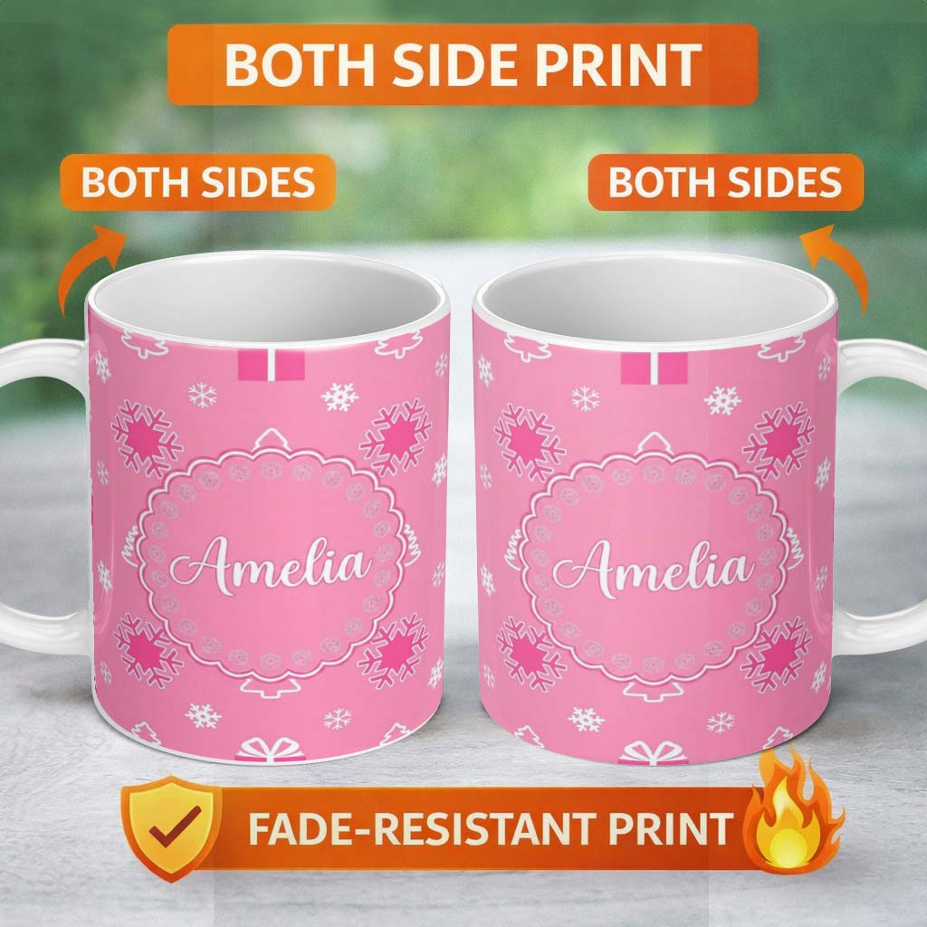 Personalized Custom Name Simple Pink Snowflake Tree Gift Winter Seamless Pattern Lovely 11oz Ceramic Coffee Tea Mug White Large Handle