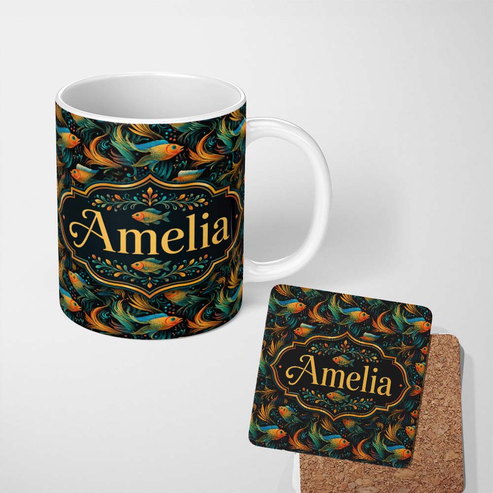 Personalized Custom Name Vibrant Goldfish with Flowing Fins on Dark Aquatic Background Lovely 11oz Ceramic Coffee Tea Mug White Large Handle