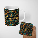 Personalized Custom Name Vibrant Goldfish with Flowing Fins on Dark Aquatic Background Lovely 11oz Ceramic Coffee Tea Mug White Large Handle