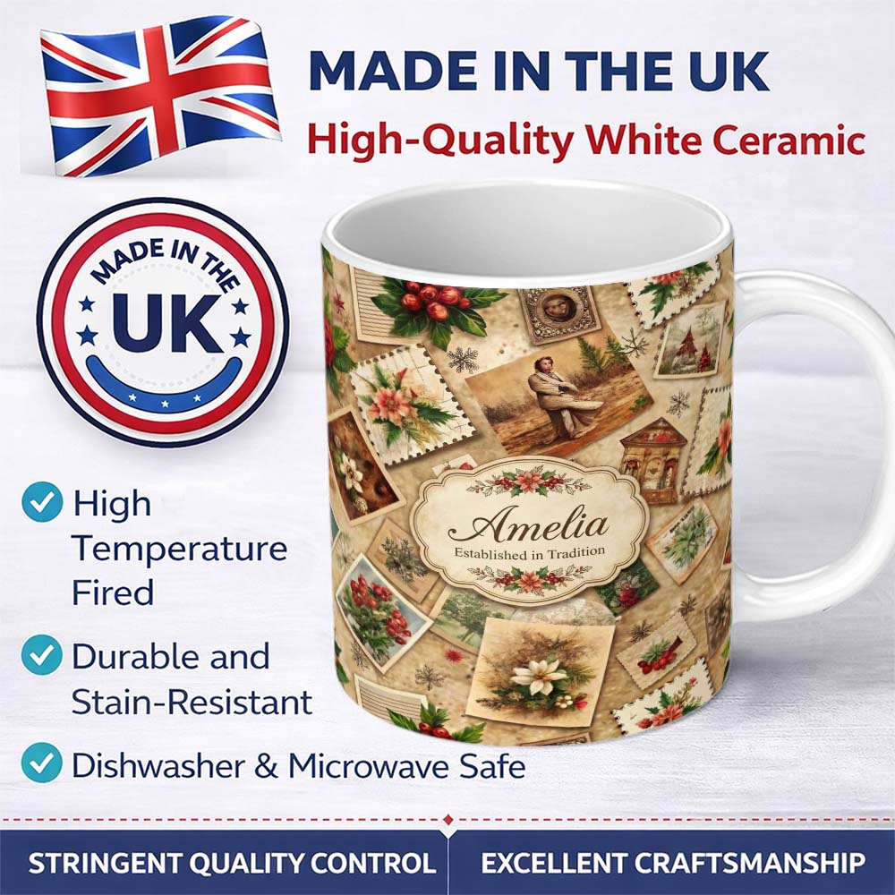 Personalized Custom Name Antique Christmas Collage with Floral Cards and Holiday Decorations 11oz Ceramic Coffee Tea Mug White Large Handle