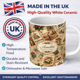 Personalized Custom Name Antique Christmas Collage with Floral Cards and Holiday Decorations 11oz Ceramic Coffee Tea Mug White Large Handle