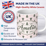 Personalized Custom Name Minimal Line Christmas Trees Modern Scandinavian Seamless Pattern 11oz Ceramic Coffee Tea Mug White Large Handle
