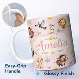 Personalized Custom Name Cute Safari Animals Lion Meerkat Toucan and Warthog with Sun 11oz Ceramic Coffee Tea Mug White Large Handle