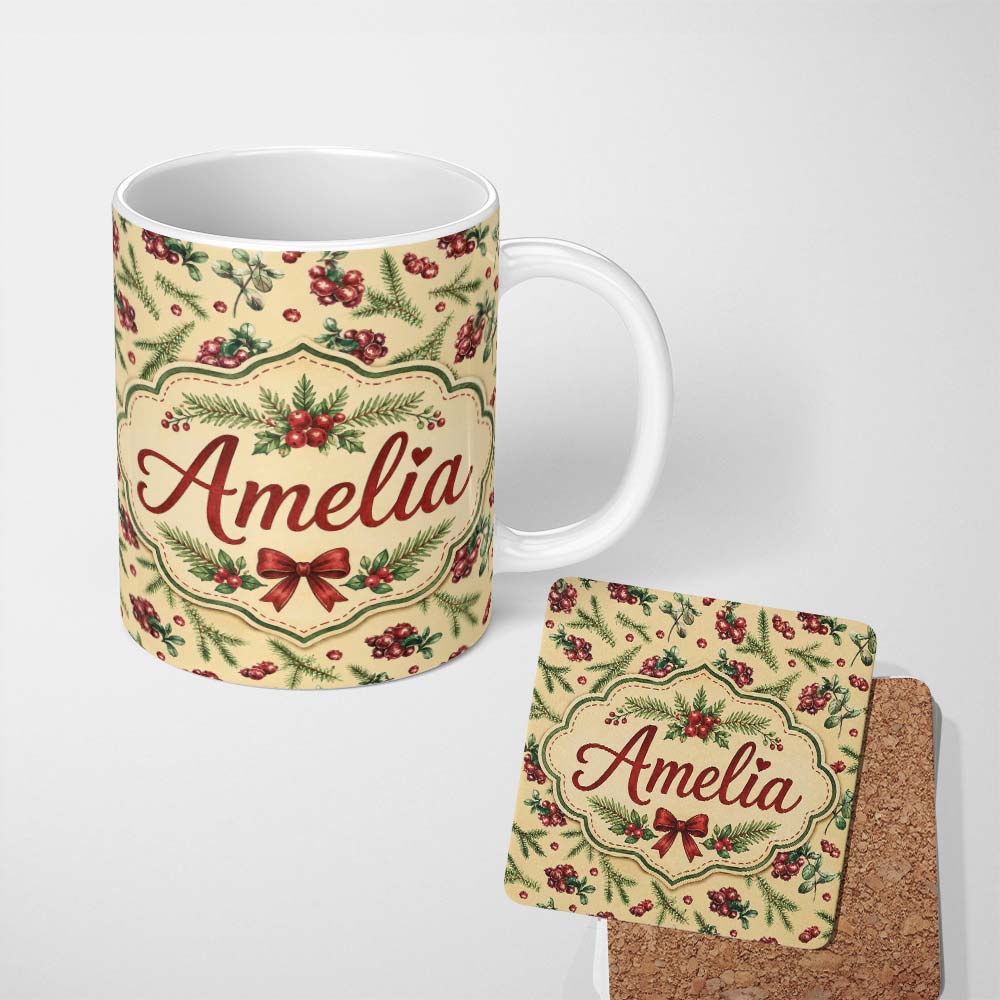 Personalized Custom Name Watercolor Holly Berries Pine Branches and Botanical Christmas 11oz Ceramic Coffee Tea Mug White Large Handle