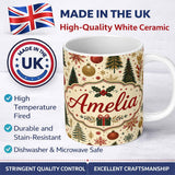 Personalized Custom Name Elegant Christmas Tree Snowflake Bauble Festive Seamless Pattern 11oz Ceramic Coffee Tea Mug White Large Handle