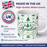 Personalized Custom Name Minimal Christmas Trees with Snowflakes and Starbursts Seamless 11oz Ceramic Coffee Tea Mug White Large Handle