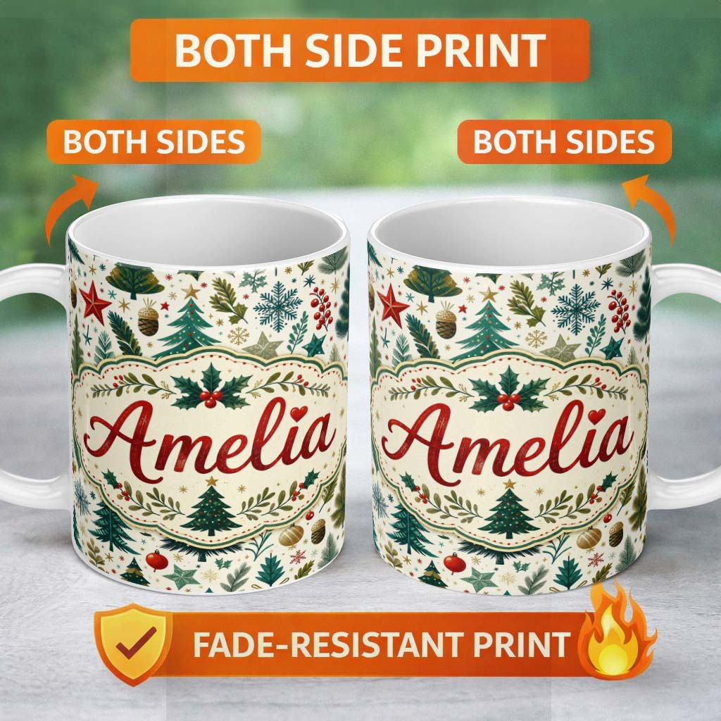 Personalized Custom Name Scandinavian Christmas Tree Holly Berry Winter Seamless Pattern 11oz Ceramic Coffee Tea Mug White Large Handle