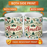 Personalized Custom Name Scandinavian Christmas Tree Holly Berry Winter Seamless Pattern 11oz Ceramic Coffee Tea Mug White Large Handle