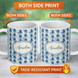 Personalized Custom Name Blue Tropical Leaf Watercolor Botanical Seamless Pattern Lovely 11oz Ceramic Coffee Tea Mug White Large Handle