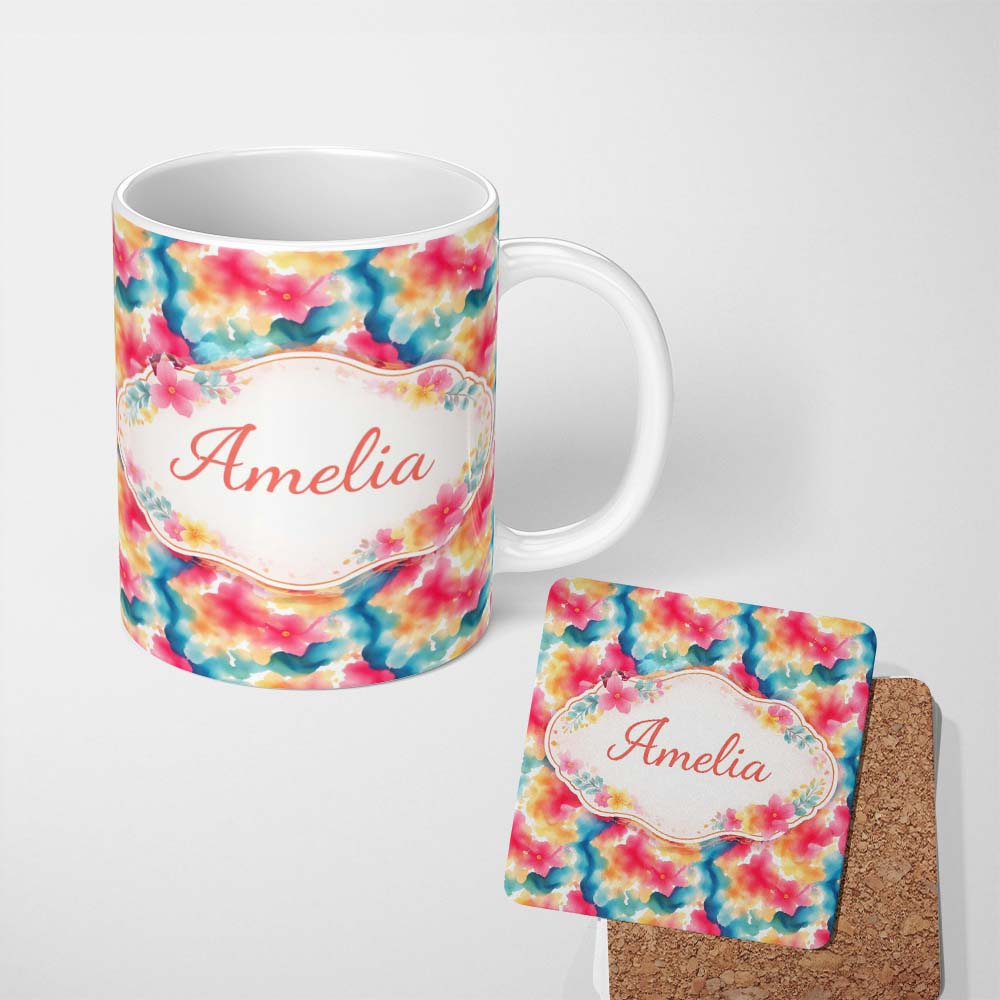 Personalized Custom Name Watercolour Blend Abstract Flow Soft Pink Yellow Blue Pattern Lovely 11oz Ceramic Coffee Tea Mug White Large Handle