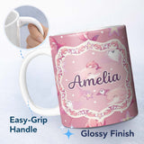Personalized Custom Name Cute Pink Dolphins and Starfish Seamless Ocean Pink Polka Dot Lovely 11oz Ceramic Coffee Tea Mug White Large Handle