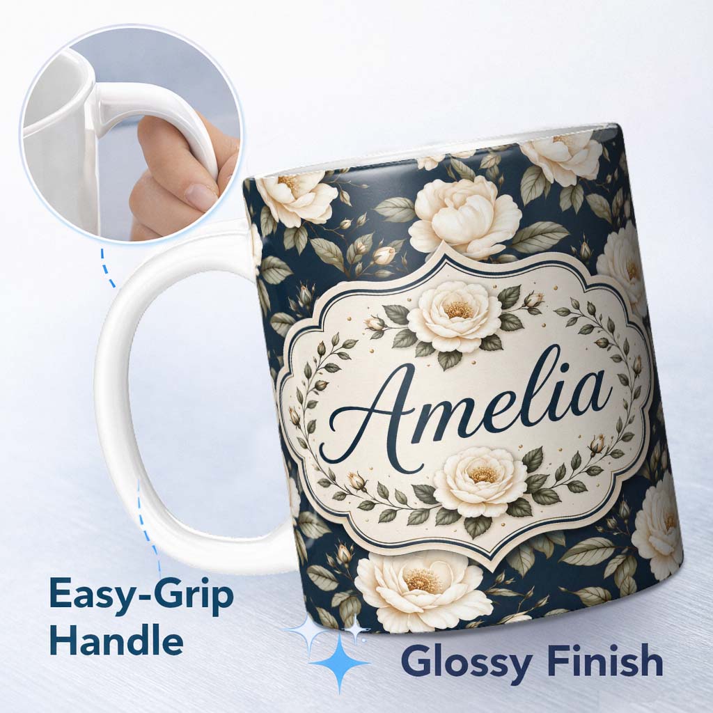Personalized Custom Name Elegant Beige Roses on Black Floral Seamless Pattern Lovely 11oz Ceramic Coffee Tea Mug White Large Handle