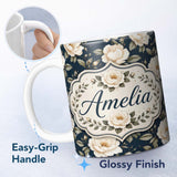 Personalized Custom Name Elegant Beige Roses on Black Floral Seamless Pattern Lovely 11oz Ceramic Coffee Tea Mug White Large Handle