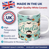 Personalized Custom Name Halloween Vampire Ghost Bats Spooky Characters Mint Green Seamless 11oz Ceramic Coffee Tea Mug White Large Handle
