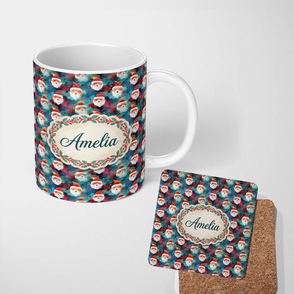 Personalized Custom Name Colorful Abstract Santa Faces Blue Background Artistic Christmas 11oz Ceramic Coffee Tea Mug White Large Handle