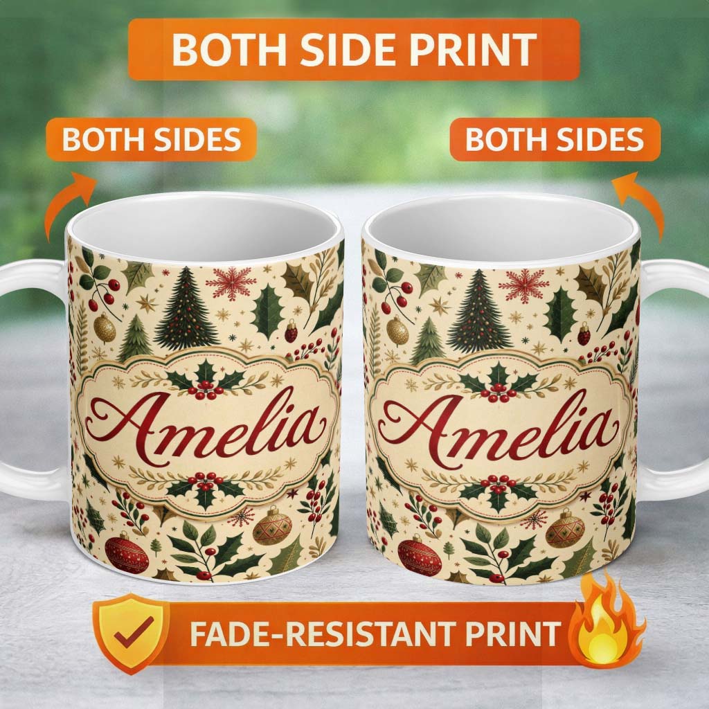 Personalized Custom Name Vintage Christmas Trees Holly Berries Baubles Festive Holiday Design 11oz Ceramic Coffee Tea Mug White Large Handle