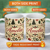 Personalized Custom Name Vintage Christmas Trees Holly Berries Baubles Festive Holiday Design 11oz Ceramic Coffee Tea Mug White Large Handle