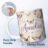 Personalized Custom Name Colorful Watercolor Butterflies on Cream Background Seamless 11oz Ceramic Coffee Tea Mug White Large Handle