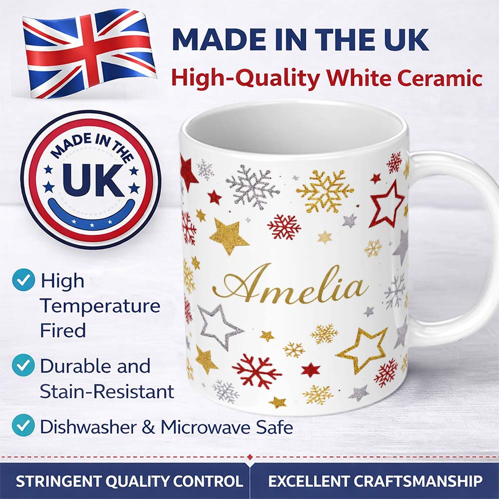 Personalized Custom Name Festive Stars and Snowflakes Pattern White Background Seamless 11oz Ceramic Coffee Tea Mug White Large Handle