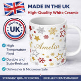 Personalized Custom Name Festive Stars and Snowflakes Pattern White Background Seamless 11oz Ceramic Coffee Tea Mug White Large Handle