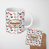 Personalized Custom Name Christmas Hat Mittens Candy Cane Holly Snowflake Seamless Pattern 11oz Ceramic Coffee Tea Mug White Large Handle