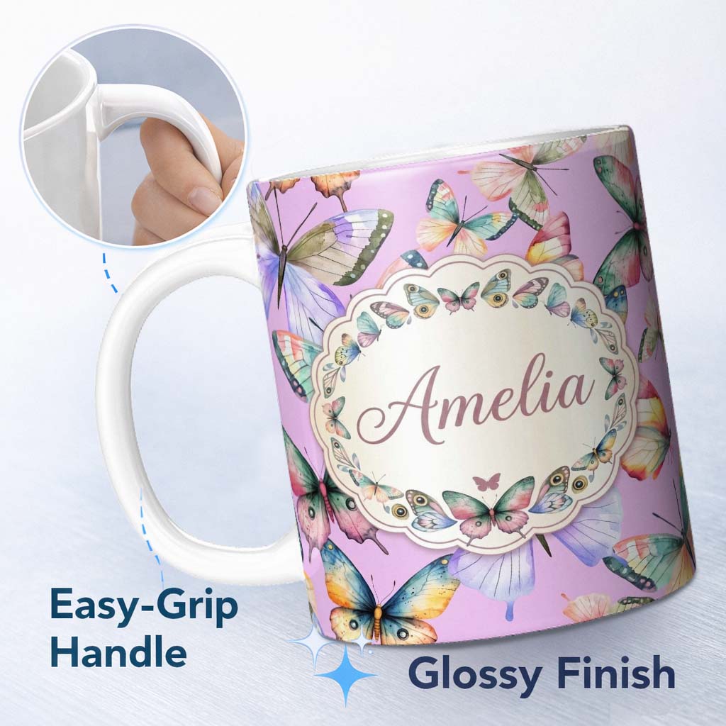 Personalized Custom Name Colorful Watercolor Butterflies on Lavender Background Seamless 11oz Ceramic Coffee Tea Mug White Large Handle