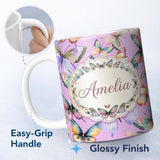 Personalized Custom Name Colorful Watercolor Butterflies on Lavender Background Seamless 11oz Ceramic Coffee Tea Mug White Large Handle