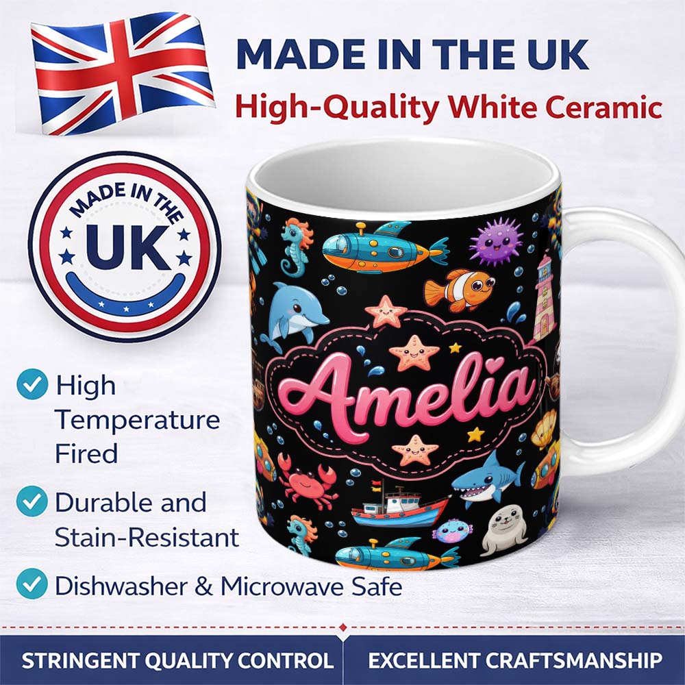 Personalized Custom Name Cartoon Ocean with various sea CreaturesSea Creatures on Clean White 11oz Ceramic Coffee Tea Mug White Large Handle