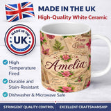 Personalized Custom Name Vintage Christmas Letters Poinsettia Floral Collage Festive Holiday 11oz Ceramic Coffee Tea Mug White Large Handle