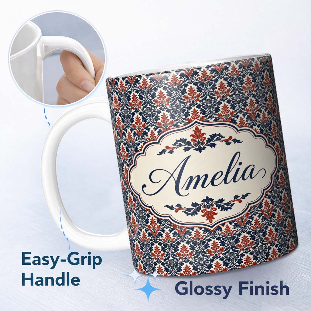 Personalized Custom Name Classic Red and Navy Floral Damask Ornamental Seamless Pattern 11oz Ceramic Coffee Tea Mug White Large Handle
