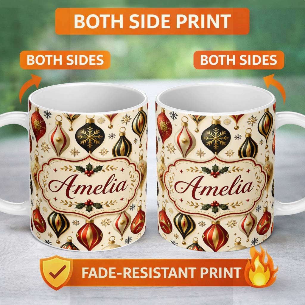 Personalized Custom Name Luxury Red Gold Black Christmas Baubles Elegant Seamless Pattern 11oz Ceramic Coffee Tea Mug White Large Handle
