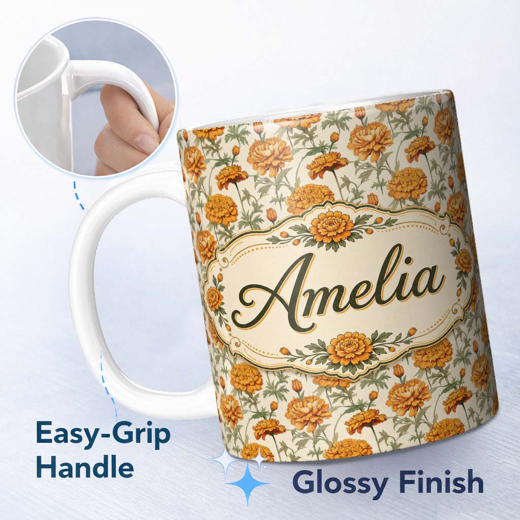 Personalized Custom Name Elegant Orange Chrysanthemum Floral with Soft Shading Lovely 11oz Ceramic Coffee Tea Mug White Large Handle