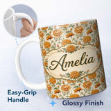Personalized Custom Name Elegant Orange Chrysanthemum Floral with Soft Shading Lovely 11oz Ceramic Coffee Tea Mug White Large Handle