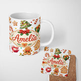 Personalized Custom Name Cute Gingerbread Man Christmas Tree Candy Cane Holiday Pattern Grey 11oz Ceramic Coffee Tea Mug White Large Handle
