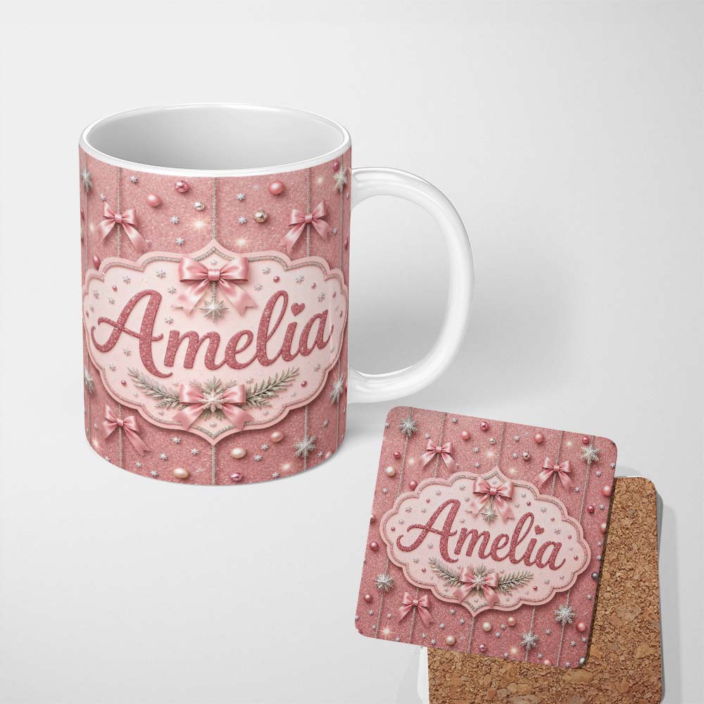 Personalized Custom Name Elegant Pink Christmas Bows Glitter Sparkle Seamless Pattern Lovely 11oz Ceramic Coffee Tea Mug White Large Handle
