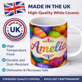 Personalized Custom Name Bright Watercolour Easter Egg Pattern in Vibrant Multicolour Tones 11oz Ceramic Coffee Tea Mug White Large Handle