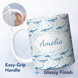 Personalized Custom Name Watercolor Blue Dolphin Seaweed Seamless Pattern Marine Ocean Design 11oz Ceramic Coffee Tea Mug White Large Handle