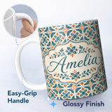 Personalized Custom Name Geometric Floral Tile Pattern in Teal and Burnt Orange on Neutral 11oz Ceramic Coffee Tea Mug White Large Handle